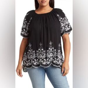 LIV Los Angeles Black Scalloped edge Puff Sleeve Embroidered Top Size 1X EUC
